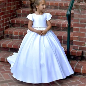 Белое платье в цветочек для девочек с длинным шлейфом, свадебное платье принцессы для девочек, платья для девочек на день рождения, модные винтажные платья для девочек