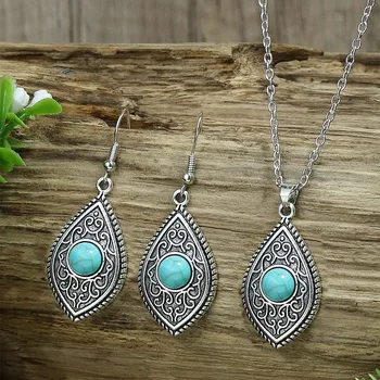 Классические подвески из натурального камня, Голубая бирюза, ожерелье, серьги, женское серебряное геометрическое винтажное ожерелье, ювелирные наборы