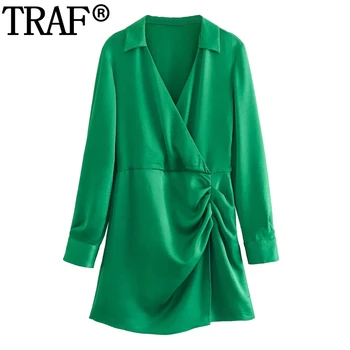 Зеленое платье TRAF 2023, женское атласное мини-платье с рюшами и длинным рукавом, Летние короткие платья с запахом Для женщин, Элегантные вечерние платья