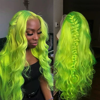 Неоново-зеленые Синтетические Бразильские парики в продаже, Лаймово-зеленые HD Кружевные Передние парики, Бесклеевые парики из длинных волос, Кружевные парики для косплея