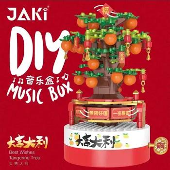 JK1388 счастливое вращение апельсинового дерева, вращающаяся музыкальная шкатулка, сборка игрушек из строительных блоков из мелких частиц, украшения
