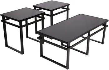 Современный столовый набор из 3 предметов, включает стол и 2 приставных столика, черное стекло