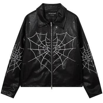 Черная кожаная куртка с вышивкой в виде паутины, готические пальто на молнии, Уличная одежда в стиле харадзюку в стиле панк, куртки из искусственной кожи.