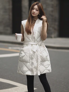 Новый зимний хлопковый женский жилет, теплое длинное пальто с V-образным вырезом, куртка без рукавов на шнуровке, пальто Harajuku, Свободная женская верхняя одежда, уличная одежда