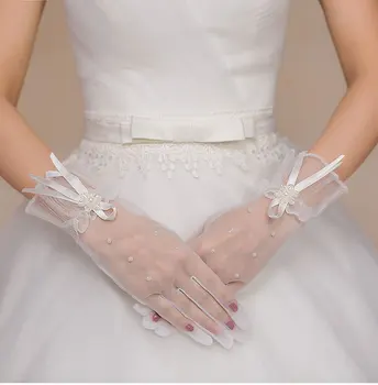 Свадебные аксессуары Шарм жемчуг Свадебные перчатки Белое кружево с перчаткой длиной в палец Элегантная леди невеста