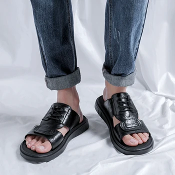Мужская пляжная обувь из натуральной кожи на платформе для дома, повседневные мужские сандалии, Новые летние сандалии для мужчин, модные уличные Корейские