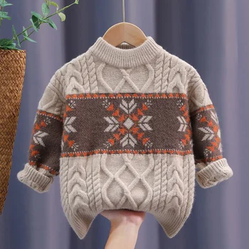 Шерстяной свитер для мальчиков, связанный крючком, Хлопковая ветровка 2023, роскошный теплый плотный осенне-зимний пуловер, детская одежда для подростков