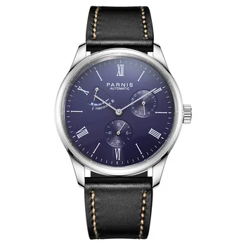 Модные мужские часы Parnis с серебряным корпусом 41,5 мм, автоматические механические часы, кожаный ремешок, календарь, мужские спортивные часы reloj hombre 2023