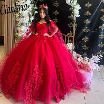 Красные пышные платья, бальное платье с цветочной аппликацией, хрустальные сладкие 16 платьев с плащом, вечеринка по случаю дня рождения