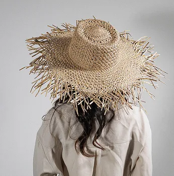 202306-hh5241A Шикарная летняя женская солнцезащитная кепка ручной работы с широкими полями из травы для пляжного отдыха, женская шляпа для отдыха