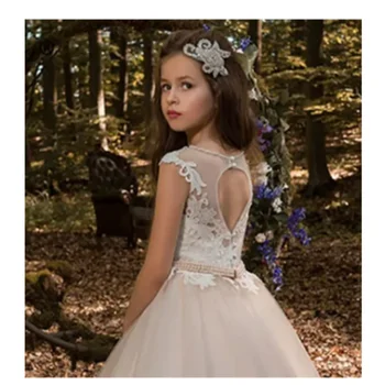 Пышное тюлевое платье в цветочек для девочки, белое кружевное свадебное элегантное детское платье для первого причастия, дня рождения, праздничный подарок