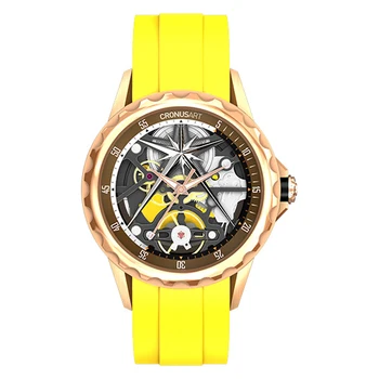 CRONUSART Мужские автоматические часы 41 мм Роскошные Механические наручные часы Со светящимся полым циферблатом Фторопластовый ремешок Спортивный