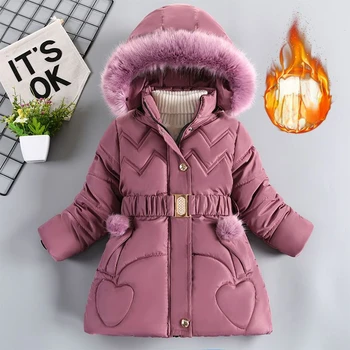 Новое зимнее теплое пальто для девочек с воротником из искусственного меха, куртка с капюшоном, длинное пальто для девочек, верхняя одежда, осеннее пальто для девочек 3-12 лет Q55