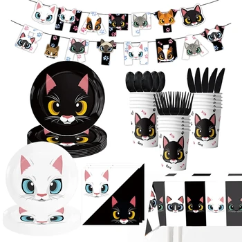 Украшение для вечеринки в честь дня рождения в черно-белой кошачьей тематике, Набор одноразовой посуды для кошек, принадлежности для вечеринок для детей и девочек с воздушными шарами
