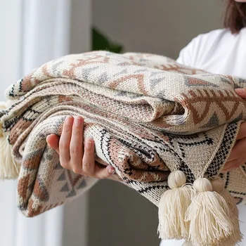 Вязаное одеяло в скандинавском ретро стиле для кровати в геометрическую полоску, офисное одеяло для кондиционирования воздуха, покрывало для дивана, Прикроватное полотенце, Дорожная шаль