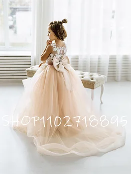 Платье принцессы для девочек с цветочным узором, кружевное тюлевое платье без рукавов с аппликацией, праздничное платье для девочек, платье для первого причастия, детская одежда на день рождения