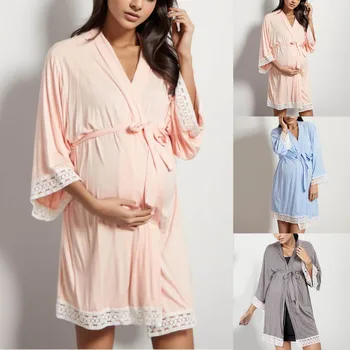Осеннее кружевное платье для беременных, женская ночная рубашка, кружевной кардиган в стиле пэчворк с рукавом три четверти для кормления грудью