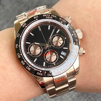 кварцевый механизм 39 мм, мужские часы с полным хронографом, секундомеры, керамический безель с покрытием из розового золота, сапфировое стекло relógio