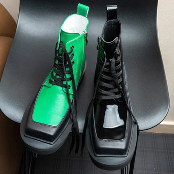 Мужские ботильоны ручной работы, высококачественная деловая повседневная обувь из натуральной кожи на шнуровке с квадратным носком, мужская зимняя обувь