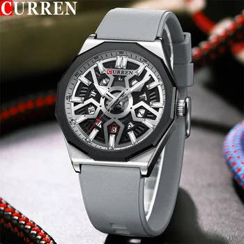 CURREN Sport Мужские часы, лучший бренд класса Люкс, Оригинальный Деловой Водонепроницаемый Календарь, Мужские часы, Серые Резиновые Кварцевые мужские наручные часы 8437