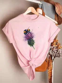 Трендовая одежда с милым принтом Flower Bee, повседневная футболка, женская летняя футболка, модная женская одежда с коротким рукавом, графические футболки