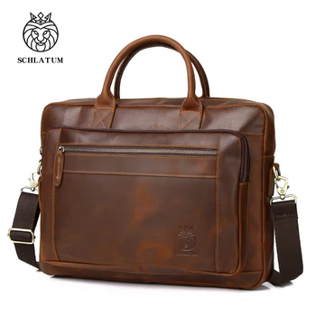Жесткие мужские портфели из натуральной кожи SCHLATUM, винтажные сумки-портфели для ноутбуков Crazy Horse, роскошные 15,6-дюймовые сумки
