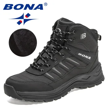 BONA / Новые дизайнерские зимние ботинки, мужские теплые ботильоны из натуральной кожи с плюшем, мужские походные ботинки Mansculino