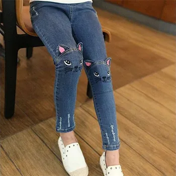 Повседневные джинсы для девочек, детские штаны с рисунком милого кота, детские джинсы, джинсовая одежда для девочек от 7 до 14 лет, весенние и осенние брюки