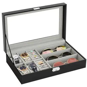 Органайзер для очков из 3 предметов и 4-слотная коробка для часов, органайзер для ювелирных изделий с большим стеклянным верхом, коробка для солнцезащитных очков