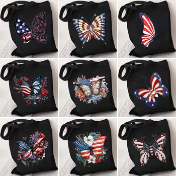 Американская бабочка, Винтажный флаг, хозяйственная сумка, Патриотическая карта, красочная черная холщовая сумка, многоразовые Летние Большие сумки через плечо