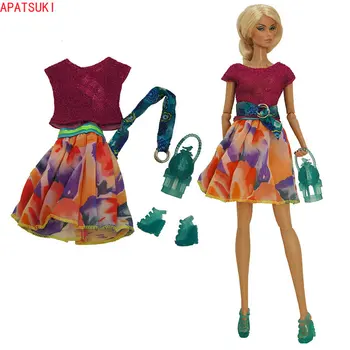 Красочный комплект кукольной одежды ручной работы для куклы Барби, топ, юбка, пояс, Обувь, сумка, наряды для кукол Barbie 1/6, аксессуары для кукол, Детские игрушки