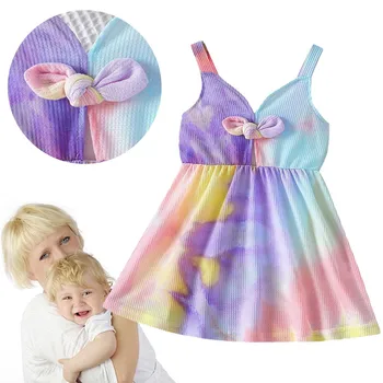 платье для маленьких девочек без рукавов, платье с V-образным вырезом и бантом на завязках, от 3 до 24 лет, платье для младенцев, платье для девочек фото