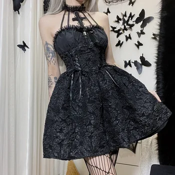 Черное мини-платье для вечеринки на Хэллоуин без рукавов с перекрестным дизайном, на бретелях, в стиле Гранж, Y2k, повседневный сарафан для подиума, готические платья Harajuku