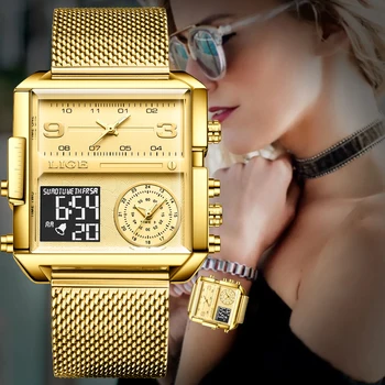 LIGE 2023 Модные Женские часы с двойным дисплеем, лучший бренд класса Люкс, Креативные Квадратные часы, Женские Повседневные Золотые часы Relogio Feminino