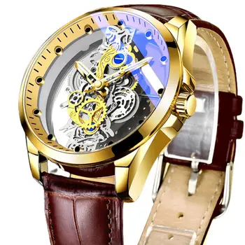 Роскошные деловые наручные часы с круглым циферблатом, дизайн указателя, светящиеся полые Золотые винтажные водонепроницаемые мужские кварцевые часы