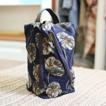 Оригинальная тканевая сумка в этническом стиле, женский холщовый рюкзак с принтом, сумка через плечо в стиле ретро, темно-синяя задняя сумка, сумка через плечо