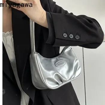 Маленькая блестящая серебряная сумка Miyagawa для женщин 2023, сумка через плечо, модная плиссированная сумка подмышками, кошельки и сумочки