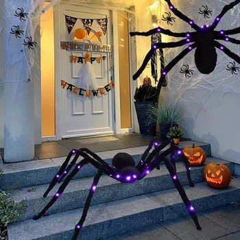 Гигантский паук 125 см со светодиодной подсветкой Украшение входной двери дома с привидениями на Хэллоуин Имитация Паука Реквизит для вечеринки ужасов на открытом воздухе