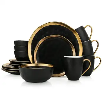 Современный фарфоровый набор посуды Florian, 16 предметов на 4 персоны, золотой и черный