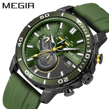 Мужские кварцевые часы MEGIR Sport с модным зеленым силиконовым ремешком, водонепроницаемым светящимся хронографом, мужские часы высшего бренда класса люкс