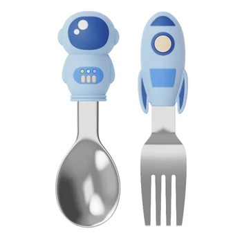 Qshare, 2 предмета, детская космическая ракета, силиконовая ложка, Вилка, Набор посуды из нержавеющей стали, Детские Гаджеты, Посуда для обучения малышей