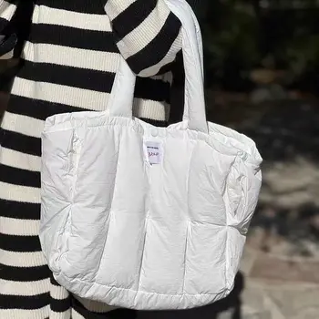 Женская стеганая клетчатая сумка через плечо большой емкости, мягкие белые сумки-тоут, плиссированные пузыри, сумки для ноутбуков, сумки для книг, студенческие сумки для покупок