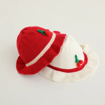 A308086 Вишневая вязаная шапочка для девочки, шапочка для новорожденных, детская шапочка рыбака, принцесса для детей от 3 до 24 месяцев