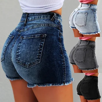 Женские джинсовые шорты размера плюс 4XL 5XL, летние женские джинсовые шорты с высокой талией, с бахромой, потертые, рваные повседневные шорты с карманами