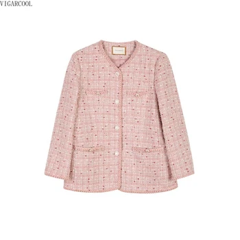 Розовое женское пальто с круглым вырезом, весна и осень 2023, новинка, модный женский короткий топ из французского твида с темпераментом знаменитостей высокого класса.