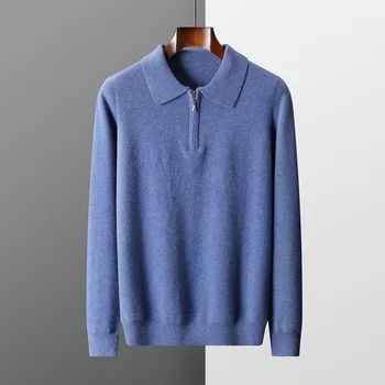 Мужской кашемировый свитер из чистой шерсти, осень-зима, пуловер с отложным воротником, однотонная рубашка поло, модный теплый трикотаж