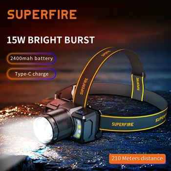 SuperFire HL25 мощная сенсорная фара, фара со встроенным аккумулятором, перезаряжаемый светодиодный налобный фонарь, фонарь для кемпинга, рыбалки