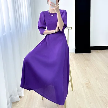 Высококачественное модное дизайнерское платье Miyake для женщин, летние новые простые однотонные плиссированные платья с рукавами-фонариками, облегающие фигуру, для похудения