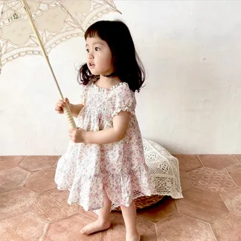Лето 2023, Новое модное платье с коротким рукавом для девочек, Детское платье принцессы с пышными рукавами, Хлопковое платье с цветочным рисунком для маленьких девочек