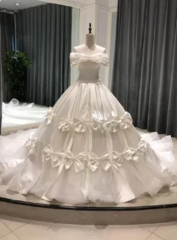 Свадебные платья из белого тюля и атласа с открытыми плечами, бант принцессы, расшитый бисером, жемчуг, церковное королевское свадебное платье vestido de noiva